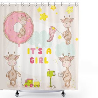 Personality  Baby Girl Giraffe Set - Baby Shower Or Arrival Card - In Vector Shower Curtains