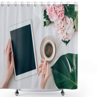 Personality  Cropped View Of Woman Hand With Coffee Cup And Digital Tablet With Blank Screen On Tabletop With Hortensia Flowers  Shower Curtains