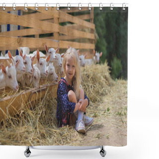 Personality  Kid Sitting On Hay Near Goats Behind Fences At Farm And Looking At Camera Shower Curtains