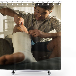 Personality  Selective Focus Of Exited Man Scratching With Ruler Broken Leg At Home Shower Curtains