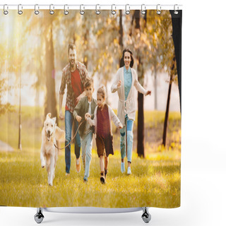 Personality  Laughing Family Running With Dog On Meadow In Park With Setting Sun Behind Shower Curtains