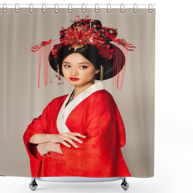 Personality  Pretty asian woman with red lips and traditional clothes isolated on grey  shower curtains