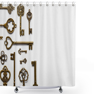 Personality  Top View Of Retro Keys On White Background With Copy Space Shower Curtains