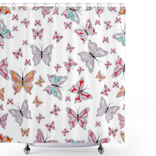 Personality  Background For Textile, Fabric, Print And Invitation. Seamless Pattern With Butterflies. Illustration In White, Neutral And Gray Colors. Vector. Shower Curtains