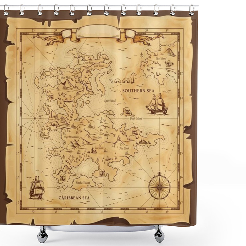 Personality  Old Map, Vector Worn Parchment With Caribbean And Southern Sea, Ships, Islands And Land, Wind Rose And Cardinal Points. Fantasy World, Vintage Grunge Paper Pirate Map With Travel Locations And Monster Shower Curtains