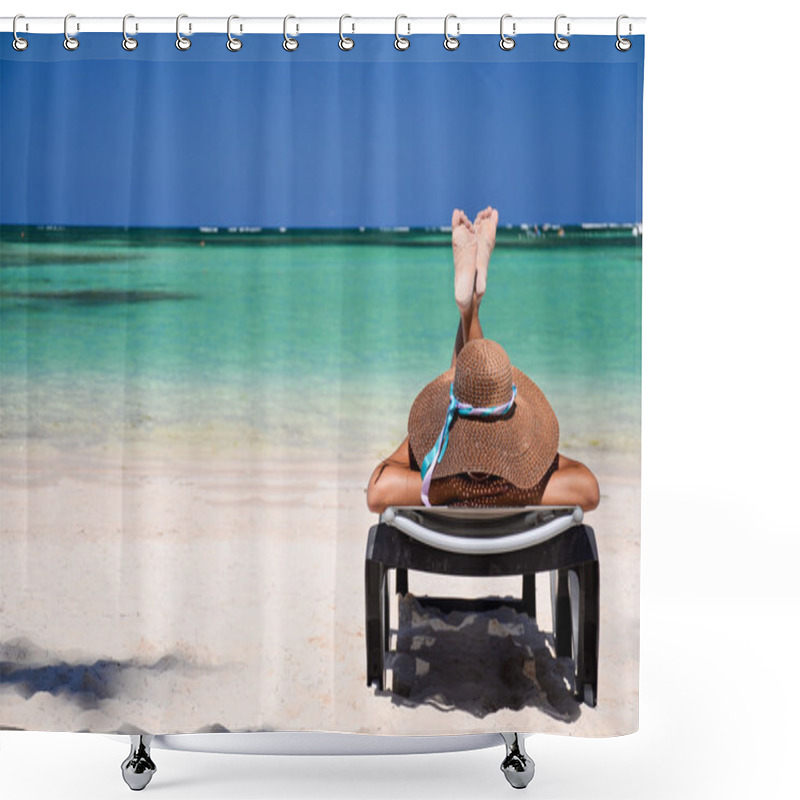 Personality  Young woman relaxing on tropical carribean beach shower curtains