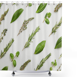 Personality  Flat Lay With Mint, Rosemary And Thyme On Grey Background Shower Curtains