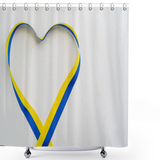 Personality  Top View Of Blue And Yellow Ribbon In Heart Shape On White Background With Copy Space Shower Curtains
