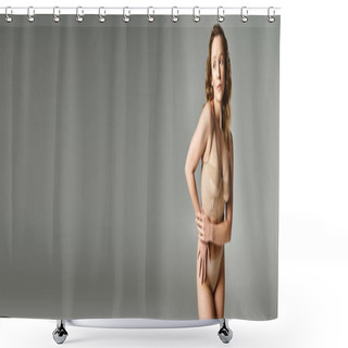 Personality  Natural Beauty Exudes As An Attractive Woman Confidently Poses With Her Hands On Her Hips In A Serene And Elegant Manner. Shower Curtains