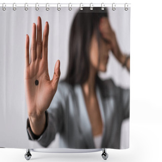 Personality  Selective Focus Of Businesswoman With Black Dot On Palm Isolated On White, Domestic Violence Concept  Shower Curtains