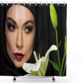 Personality  Attractive Muslim Woman In Hijab With Red Lips Near Lily Isolated On Black Shower Curtains