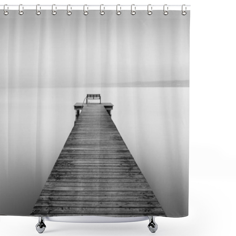 Personality  A Greyscale Shot Of A Wooden Dog Near The Sea With A Foggy Background Shower Curtains