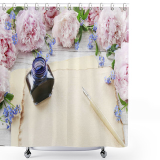 Personality  Vintage Sheet Of Paper And Pen. Pink Peonies And Forget Me Not F Shower Curtains