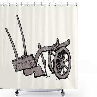 Personality  Closeup Outline Black Ink Pen Hand Drawn Big Horse Manual Cut Job Age Wood Device. Close Up Rusty Iron Metal Blade Ox Labor Logo Icon Sign History Ancient Rust Art Engrave Etch Cartoon Style White Sky Shower Curtains