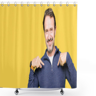 Personality  Middle Age Handsome Man Wearing A Sweater Looking Confident With Smile On Face, Pointing Oneself With Fingers Proud And Happy. Shower Curtains