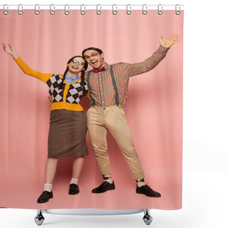 Personality  Couple Of Cheerful Nerds In Eyeglasses Gesturing And Hugging On Pink Shower Curtains