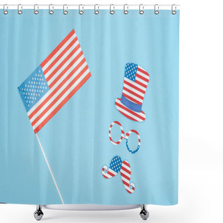 Personality  Top View Of Usa Flag On Stick Near Paper Cut Mustache, Hat And Glasses On Blue Background Shower Curtains