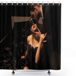 Personality  Handsome Seductive Man Kissing Woman In Mask On Bed In Dark Room Shower Curtains