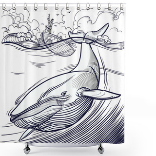 Personality  Blue Whale Being Hunted By Old Time Whalers Book Style Line Illustration Shower Curtains