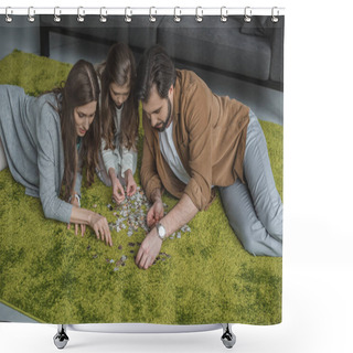 Personality  High Angle View Of Parents And Daughter Connecting Puzzle Pieces On Carpet In Living Room Shower Curtains