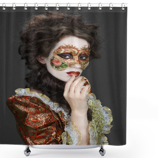 Personality  Venetian Mask. Beautiful Woman In Vintage Dress And A Mask On Hi Shower Curtains