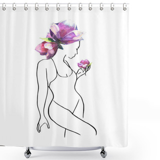 Personality  Woman With Bunch Of Flowers Of Magnolia. Line Art Illustration With Oil Painted Big Beautiful Pink Flowers. Line Art. Trendy Style. Modern Art Shower Curtains