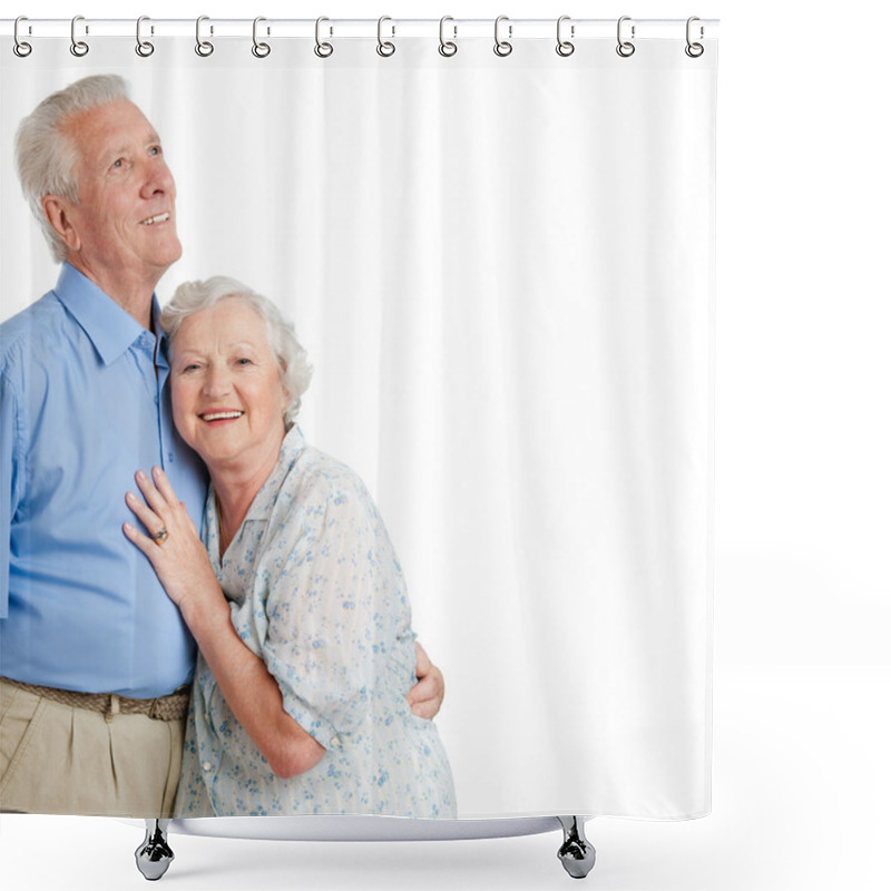 Personality  Smiling Couple Together With Copyspace Shower Curtains