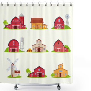 Personality  Retro Rustic Houses And Barns Set. Windmills For Grinding Crops Red Wooden Buildings For Housing Grain Storage Rural Architecture Farming Mill Generating Electricity. Natural Cartoon Vector. Shower Curtains