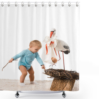 Personality  Toddler Boy Pulling Out Sticks From Decorative Stork Nest Isolated On White Shower Curtains