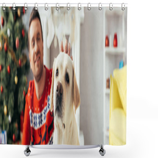 Personality  Happy Man In Red Sweater Near Labrador And Christmas Tree, Banner Shower Curtains