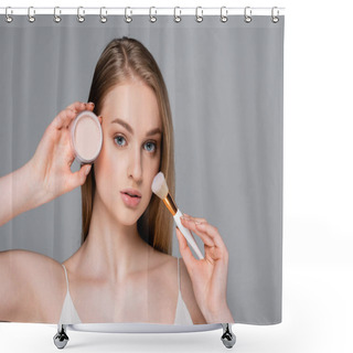 Personality  Young Woman Holding Cosmetic Brush And Face Powder Isolated On Gray Shower Curtains