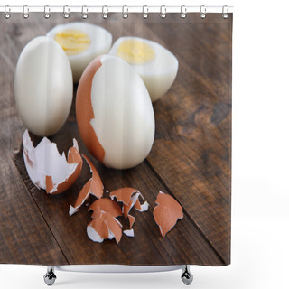 Personality  Peeled Boiled Egg On Wooden Background Shower Curtains
