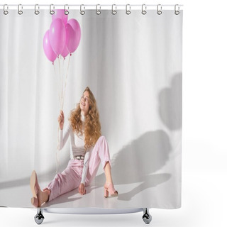 Personality  Smiling Girl With Bundle Of Pink Balloons Sitting And Looking Up Shower Curtains