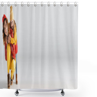 Personality  Mother And Daughter In Colorful Red And Yellow Outfits Hugging On Grey Background, Panoramic Shot Shower Curtains