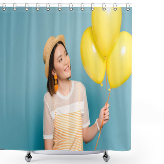 Personality  Happy Asian Girl In Striped Dress And Straw Hat With Yellow Balloons On Blue Background Shower Curtains