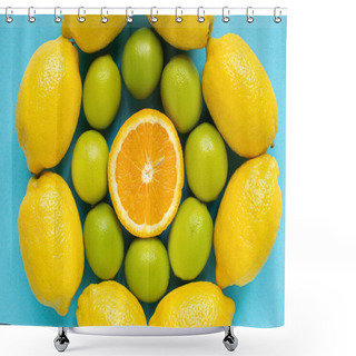Personality  Top View Of Ripe Yellow Lemons, Orange And Limes Arranged In Circles On Blue Background Shower Curtains