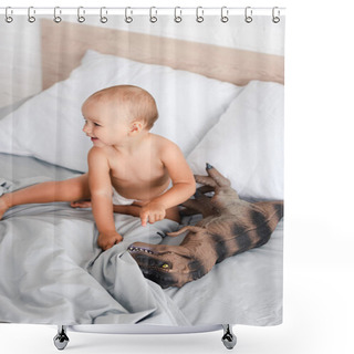 Personality  Cute Little Child Sitting And Pointing With Finger At Toy Dinosaur Shower Curtains