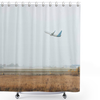 Personality  Airplane Taking Off From Airport Runway In Cloudy Sky Shower Curtains