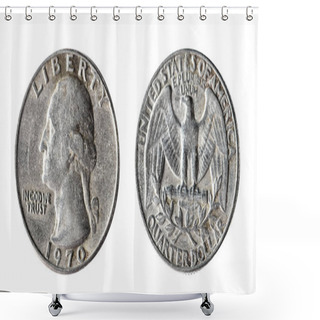 Personality  A Quarter Dollar, 1970, Washington. Isolated Object On A White Background. Shower Curtains