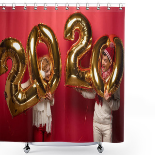 Personality  Surprised Couple In Winter Outfit Holding New Year 2020 Golden Balloons, On Red Shower Curtains