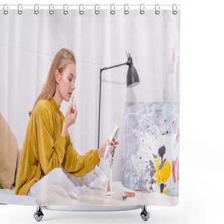 Personality  Beautiful Young Woman Applying Lipstick On Bed At Home Shower Curtains