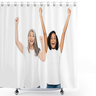 Personality  Happy Multicultural Women Celebrating Triumph Isolated On White  Shower Curtains
