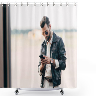 Personality  Handsome Fashionable Man In Leather Jacket And Sunglasses Using Smartphone  Shower Curtains