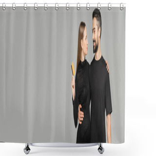 Personality  Smiling Bearded Man In Black T-shirt Hugging Pregnant Wife In Stylish Dress Holding Credit Card While Standing Together Isolated On Grey, New Beginnings And Parenting Concept, Banner  Shower Curtains