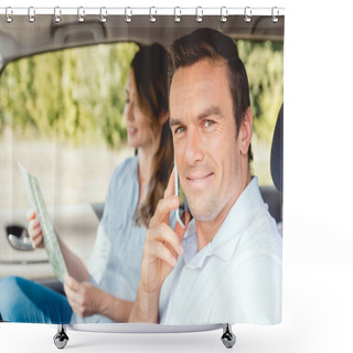 Personality  Close-up Shot Of Happy Adult Couple Travelling By Car While Man Talking By Phone Shower Curtains