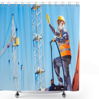 Personality  Construction Worker On Top Of Excavator Cabin Shower Curtains