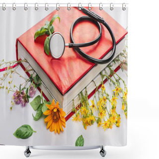 Personality  Herbs In Book With Stethoscope On White Background, Naturopathy Concept Shower Curtains