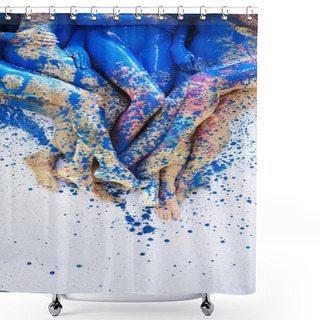 Personality  Many Beautiful Legs And Feet Of Young Artistically Abstract Painted Women, Ballerina With White, Blue And Purple Paint. Creative Body Art Shower Curtains