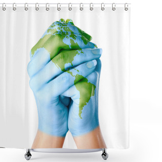 Personality  Map Of World Painted On Hands Shower Curtains