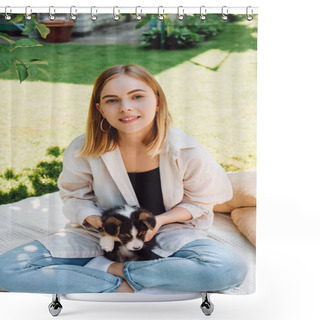 Personality  Happy Blonde Girl Sitting On Blanket In Garden With Adorable Puppy At Sunny Day Shower Curtains